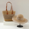 Natural straw tote bag and wide-brim sun hat set with brown leather handles - Single Bag / Hollow Khaki