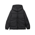 Detail of black hooded puffer jacket showing quilted texture and large side pockets - S / Black