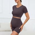 Two-piece ribbed maternity yoga set in deep purple with short sleeves and high waist shorts - S / Chocolate Brown