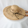 Natural woven raffia sun hat with wide frayed brim and black ribbon tie detail - M (56-58cm) / Hollow Straw Hat / 15cm Brim
