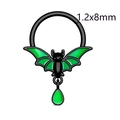 Gothic black bat piercing ring with green enamel wings and teardrop pendant - Green Bat Nose Ring 1.2x8mm