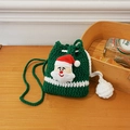 Handmade crochet Christmas Santa drawstring pouch with green knit and white pom poms - Green Santa Claus Style