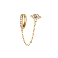 Golden evil eye chain earring with blue and white zircon stones on a white background - Chain Connected Evil Eye Earring-EH00680