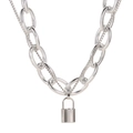 Punk style double-layered silver chain necklace featuring a polished padlock pendant charm - Silver - Double Layer Industrial Style Lock Necklace (5438)