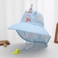 Detail of blue sun hat with mesh panels, unicorn horn, and yellow snail whistle - 54cm (3-8 Years) / Light Blue