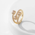 Macro detail of triple-layer gold ring with micro-paved zircons and rectangle stones - Style 3 / Gold