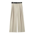 Pantalon beige à jambes larges avec taille haute, doubles plis et ceinture noire - XS / Kaki