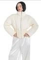 Detailed close-up of quilted cream winter puffer jacket with stand-up collar and smooth zipper - S / Light Yellow
