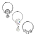 Silver piercing set with star, moon, and flower charms featuring opal and zircons - 1.2x8mm / Silver-Tone Planet Moon Flower Style (Set 9)
