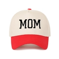 Close-up of MOM embroidery and red brim details on a vintage trucker baseball cap - Adjustable / Off-white + Red