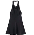 Detail of a black halter satin mini dress with elegant waist pleats and a silky texture - XS / Black