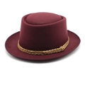 Detail of burgundy wool fedora hat featuring a brown braided rope band and a textured finish - M (56-58cm) / Burgundy