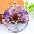 Macro shot of silver wire tree of life pendant with purple crystal stone leaves - Silver Scattered Root Amethyst