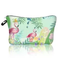 Polyester flamingo print makeup bag with tropical leaf pattern and top handle - Light Green Tropical