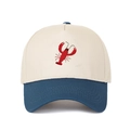 Close-up of a two-tone cotton baseball cap featuring a red lobster embroidery detail - Dark Blue