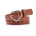 Brown faux leather belt for women featuring a silver heart buckle and heart cut-outs - Camel