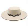 Detail of off-white wool fedora hat featuring black band with metallic square studs - M (56-58cm) / Beige