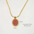 Macro detail of gold necklace with pink oval stone pendant and technical dimensions - Twisted Rope Oval Style (XB2401004-8)