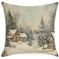 Square Christmas pillow case featuring a vintage Nordic winter cabin and snowy pine trees - YMD511-1 (Winter Cabin Scene)