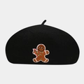 Detail of embroidered gingerbread man on black wool blend beret for Christmas fashion - M / Gingerbread Man Pattern Black