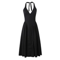 Elegant black halter deep V-neck dress with pleated waist and voluminous A-line skirt - S / Black