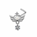 Surgical steel heart nose stud with angel wings and crystal dangle pendant - Heart Wings Style (#3)