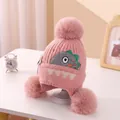 Pink baby knit earflap hat with cute dinosaur embroidery and fluffy faux fur pom-poms - Triple Pompom Dinosaur Ear Flap Pink