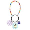 Nahaufnahme bunter Perlen-Schlüsselanhänger mit blauem Auge und lila Blumen-Anhänger - Schwarzer Ring-Lila Blume Anhänger