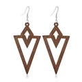 Close-up of geometric hollow wood earrings with brown arrow and diamond patterns - Style 66