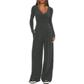 Detail of dark grey wide-leg trousers and V-neck top set with high elasticity fabric - XS / Long Sleeve / Dark Gray