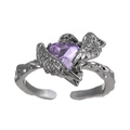 Detail of gothic silver ring with purple heart stone and intricate feather wings - Gun Black Crow Wing Purple Heart Style (02)