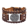 Viking brown leather bracelet with metal Vegvisir compass and Nordic runes detail - Brown Leather + Antique Silver