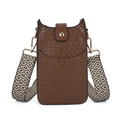 Close-up of brown woven texture mini crossbody bag with wide geometric fabric strap - Brown