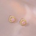 Pink zircon flower earrings in gold plating with sparkling white crystals around - Pink Micro-Inlaid Spiral Style (E1111)