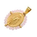 Détail macro du médaillon de la Vierge Marie plaqué or 18K avec perles roses facettées - Cristal Rose Doré