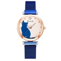 Detail shot of a women quartz watch with blue cat silhouette dial and magnetic band - Watch Only / Blue