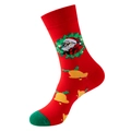 Red Christmas crew sock with Santa Claus pattern and green heel toe accents - One Size / 405-Red Wreath Santa