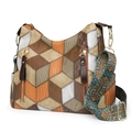 Gesteppte Patchwork-Einkaufstasche in Braun-Orange mit buntem, gewebtem Schultergurt - Braunes Patchwork