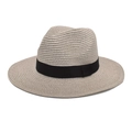 Close-up of fine paper straw texture and black ribbon detail on this stylish fedora hat - Light Gray