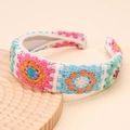 Handmade crochet knit headband with colorful floral patterns in bohemian vacation style - Blue Flower