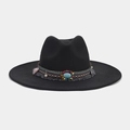 Detailed view of bohemian fedora with colorful woven band, turquoise stone, and tassels - M (56-58cm) / Turquoise Tassel Bohemian Style (Color 17#)