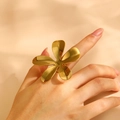 Exaggerated large gold flower ring with glossy metallic texture and open band design - Shiny Large Flower (A-704)