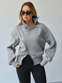 Grijze oversized dames sweatshirt met hoge kraag en asymmetrische ritssluiting in losse pasvorm - S / Grijs