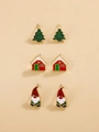Christmas stud earring set featuring green tree, snowy house, and Santa Claus designs - 17 Tree House 3-Pair Set