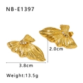 Golden 18K plated titanium wing earrings with textured surface and small diamonds - Pleated Wing Diamond-Set Style (NB-E1397)