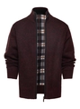 Detail der burgunderroten Strickjacke mit warmem Karo-Fleecefutter und Stehkragen für Herren - M / Burgunderrot