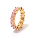 Elegant gold titanium steel ring featuring radiant pink square-cut gemstones in a row - Gold-Pink Zirconia