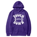 Purple American football hoodie with white Touch Down print and drawstring hood - S / Tops / Purple