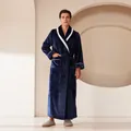 Men's oversized navy blue flannel bathrobe with contrast white trim and waist tie - M / Navy Blue (Men's)