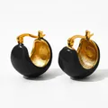 Golden C-shaped hoop earrings with black enamel ball details and secure lever-back closure - Black (KDE953)